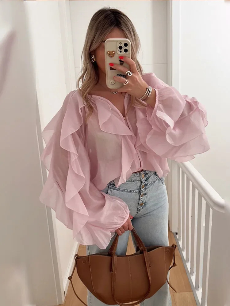 mesh pleated fringe patch work shirt womens fashionable pink V-neck lantern sleeve top summer loose high street outfit 250318