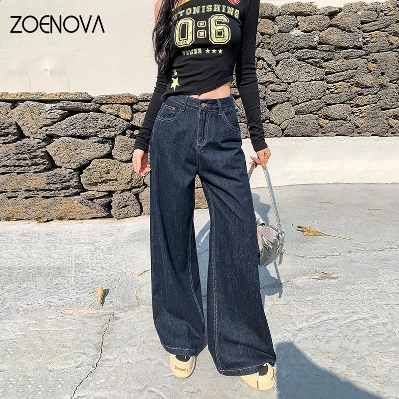 Zoenova retro jeans womens high waisted ultrathin wide leg pants classic blue pocket street Y2K fashion fully matched denim shorts 250317
