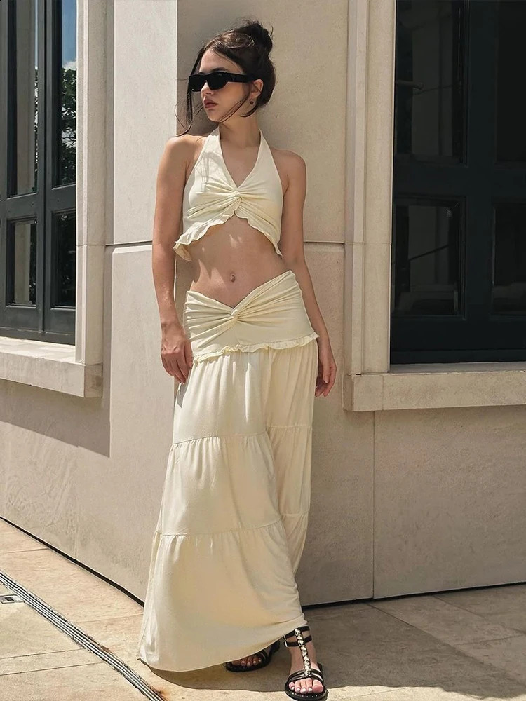 Nibber Vacation 2 Piece Set Women Halter Backless Crop CamisoleElastic Waist Ruffles Long Skirts Ruched Elegant Street Suits 250318