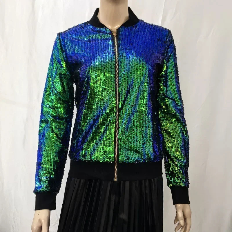 Sequin short zipper jacket Coats womens baseball fashionable gold long sleeved waistband 250317