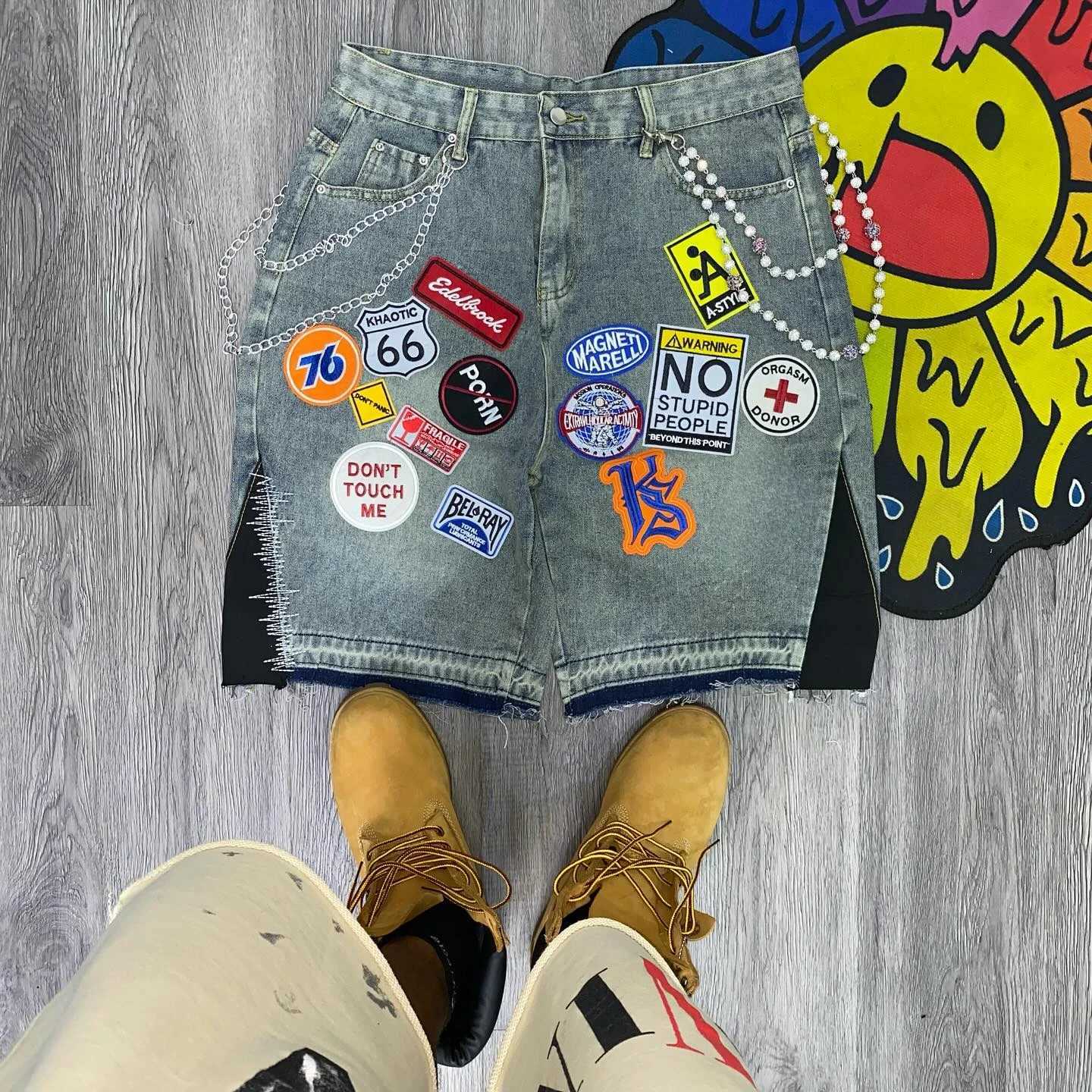 Men Women American Denim Shorts Y2K Jeans Gothic Cartoon Patchwork Embroidery Retro Blue Loose Fitness Casual Basketball Shorts W250319