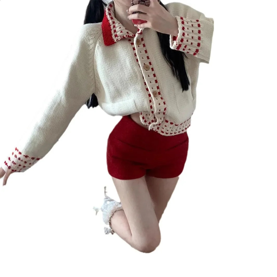 Retro Knitted Cardigan And Casual Red Pants Set for Women Year Fashion Single Piece Turndown Collar Color Block n 250319