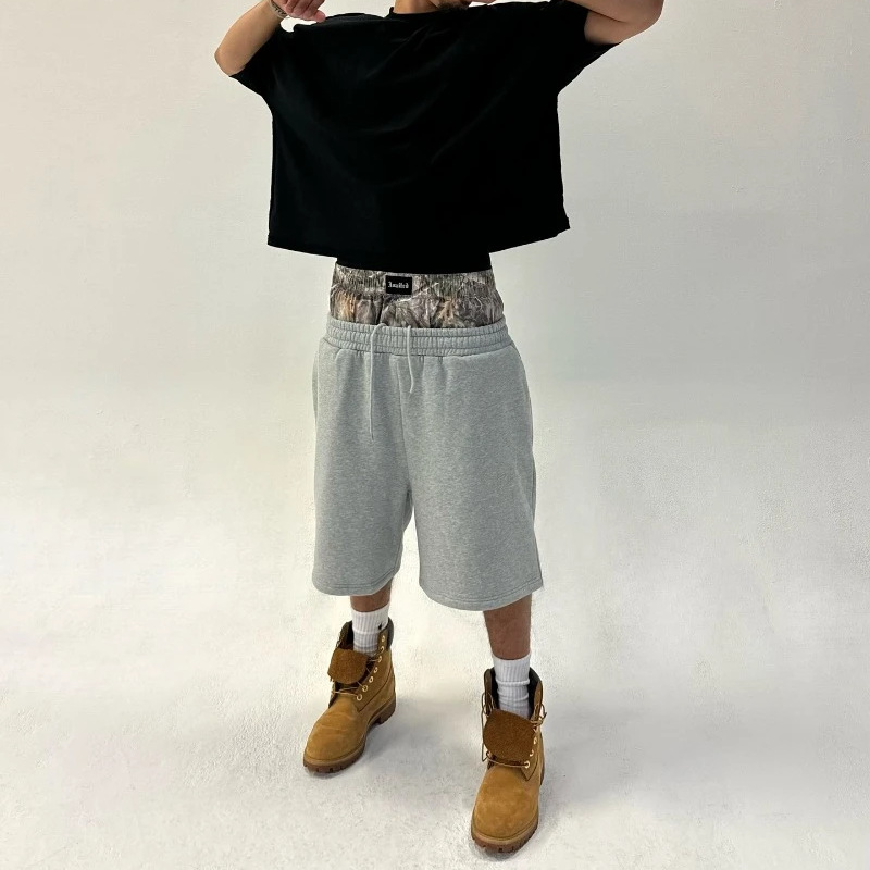 Men's Shorts Street camo double patchwork sweatpants sports Y2K Retro Camouflage Harajuku Gothic Casual Hip Hop Streetwear