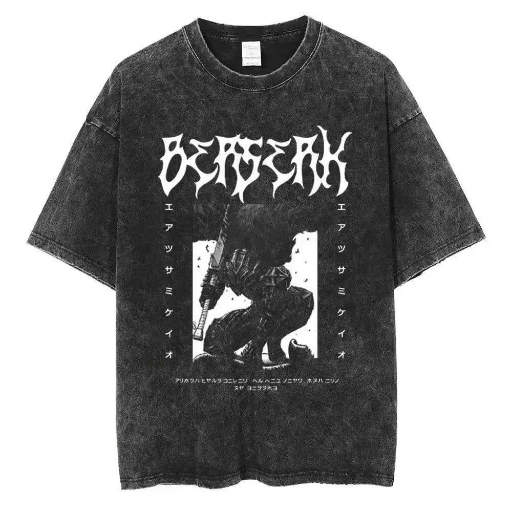 Washed Berserk Cotton Mens Vintage Japan Anime Oversize Shirts Streetwear Harajuku Summer Short Sleeve TShirt Loose Cotton TopsT250318