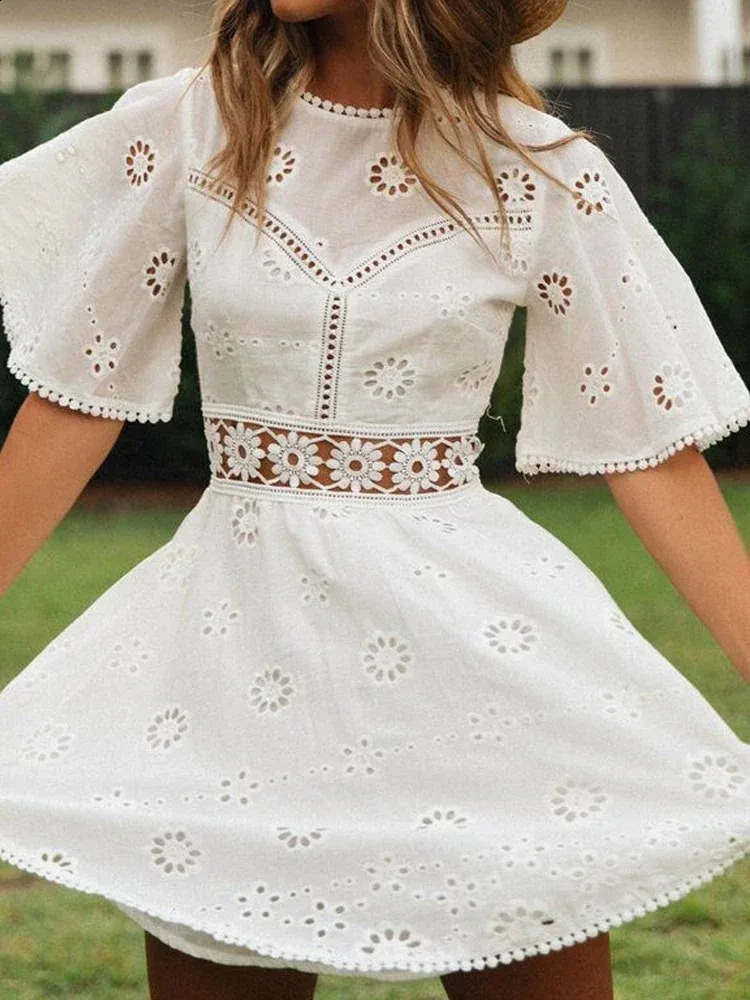 Womens white hollow backless mini dress cotton party floral embroidery casual fashion 18504 250319