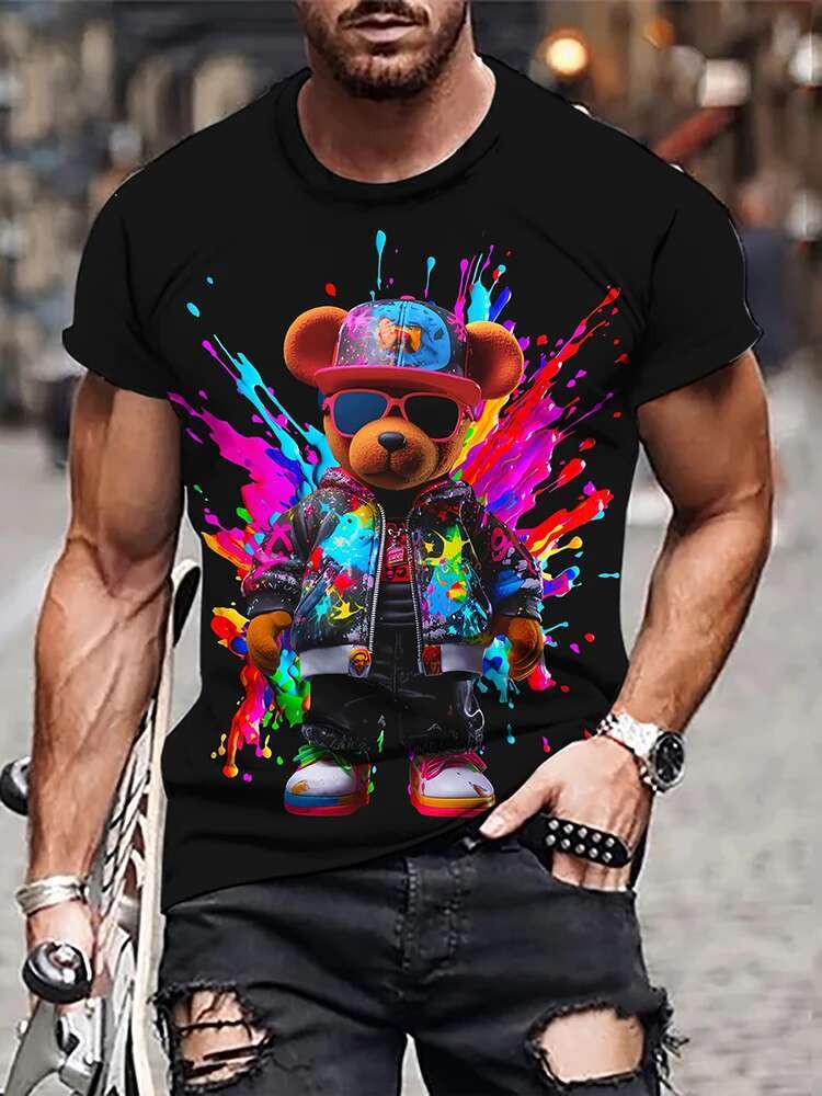 Hip-Hop Style Cartoon Bear Print T-Shirt Summer Casual Everyday Top Urban Street Fashion Men's Oversized Short Sleeve Tees