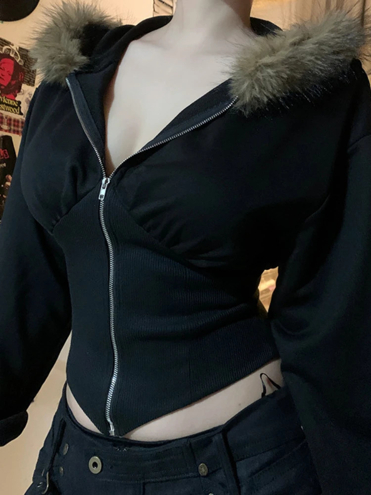 AltGoth retro streetwear Gothic sportswear womens Harajuku cyberpunk fur hem hooded zipper top Y2k Egirl tight corset women 250318
