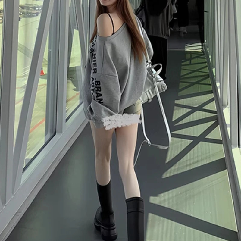 Spring Autumn Skew Collar Long Sleeve Fashion Sweatshirts Women High Street Letter Printing Pullovers Elegant Loose Tops 250318