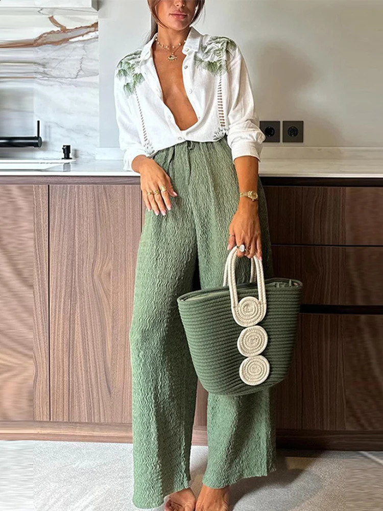 Casual Printed Women 2 Pcs Sets Ins Loose Turn-down Collar White Srhirts Fashion Pant Suit Female Clothes Spring Autumn Pant Set 250319