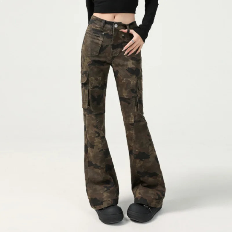 Wxw2214 Retro Camouflage Jeans Womens Side Pocket Loose Hip Hop Long Cargo Denim Street Clothing Boyfriend High Waist 250317