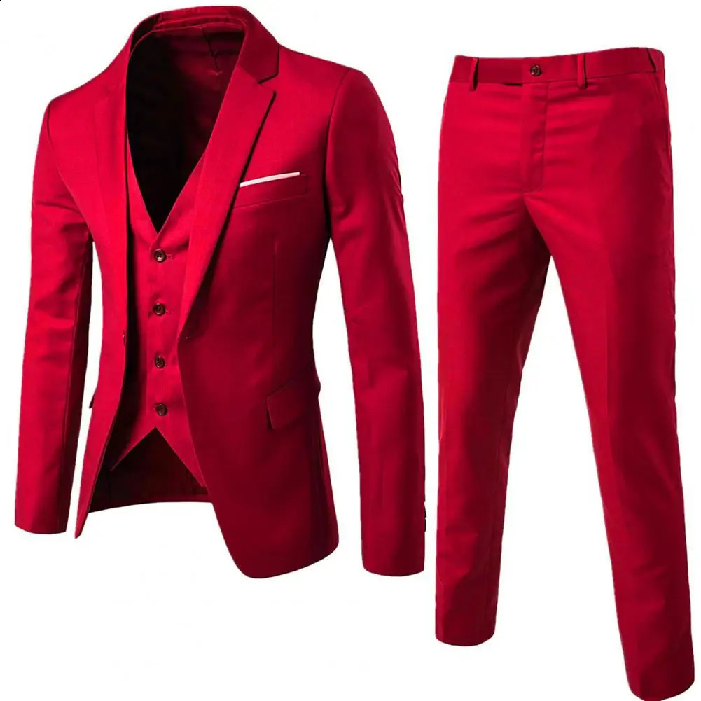 Korean Style Men Blazer Vest Pants Set Casual Business Buttons Cuff Trousers Suit Wedding Groom Formal 250311