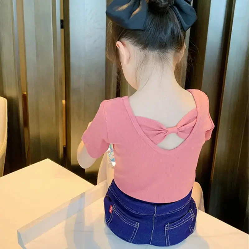 Girls T-shirt Kids Short Sleeved Back Bow-knot Baby Candy Color Shirt Clothes Summer Chilrens Solid Color Top Tees 250319