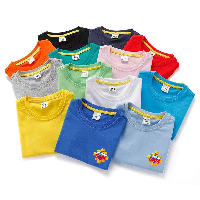 Kids Summer Basic T-shirt Fireman Sam Solid Color Tees 3 to 10 Years Children Clothes Boys Girls Round Neck Tops Birthday Gifts 250319