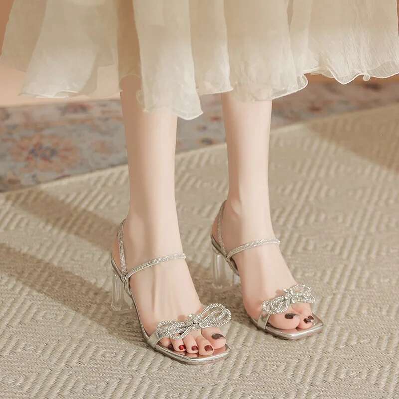 Wedge Heels Size Square Chunky Women Transparent High Heel Open Toe Summer Sandals Two Wearing Gold Sier Heels