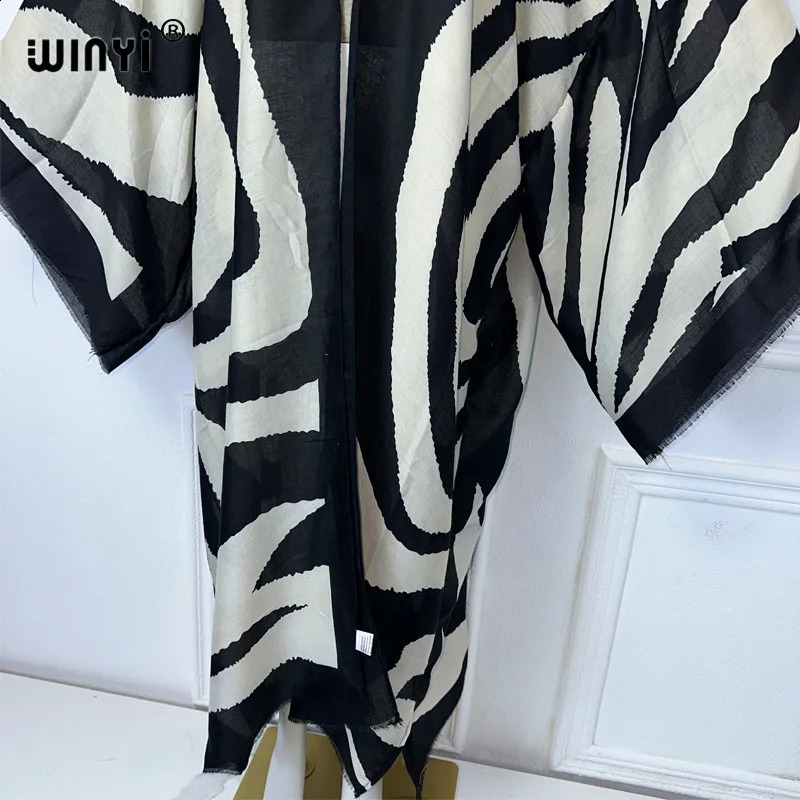 WINYI kimono Zebra print cardigan abaya dubai Elegant beach outfits long coat women sexy cotton feeling dress kaftan 250319