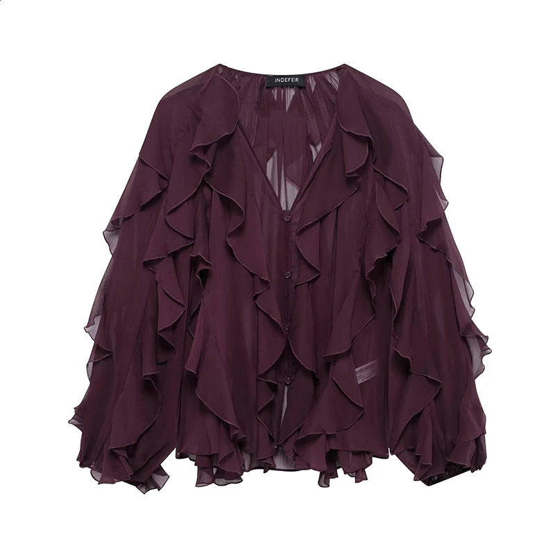 Willshela Womens Fashion Solid Ruffle Single Chest Shirt Retro Vneck Long Sleeve y250319