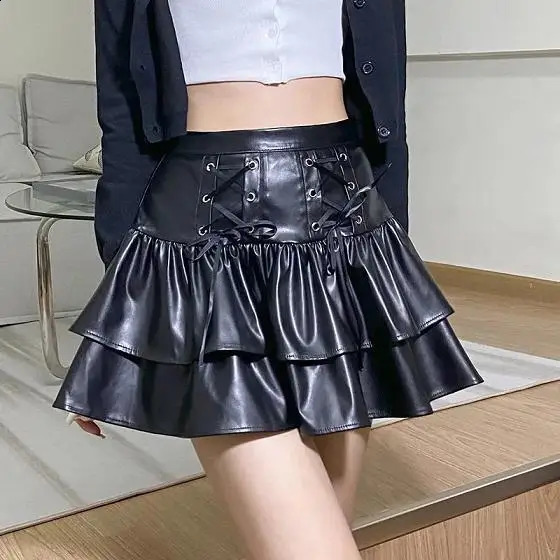 Y2K Dark European and American Straps with High Waist Bow Leather Short Skirt Womens Slim Pleated Skirt Subculture Trendy Skirt 250318