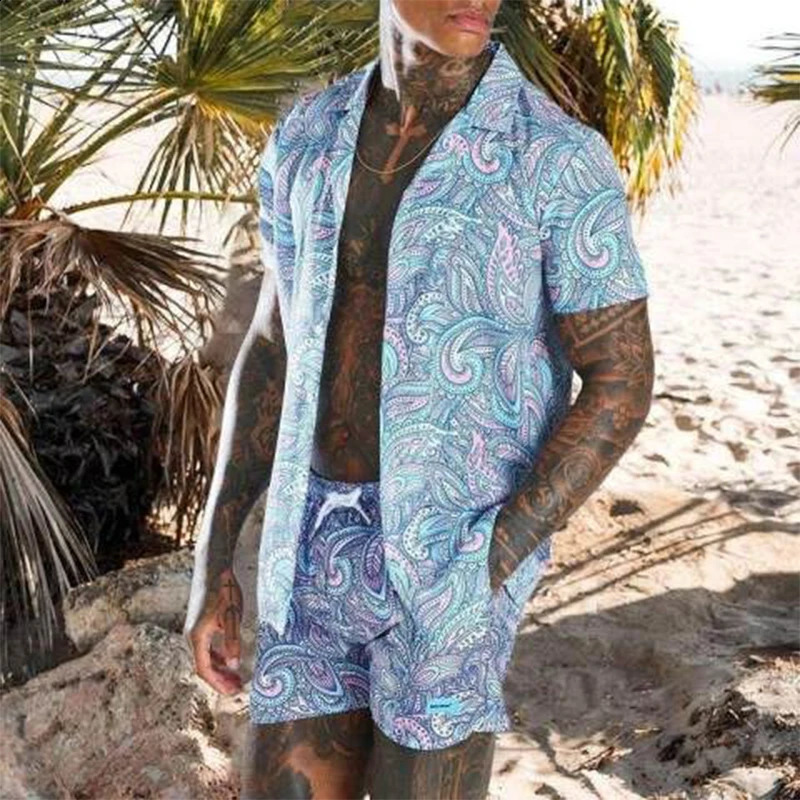 Summer floral print short sleeved beach shorts two sets for casual vacation mens casual 2-piece set 250317