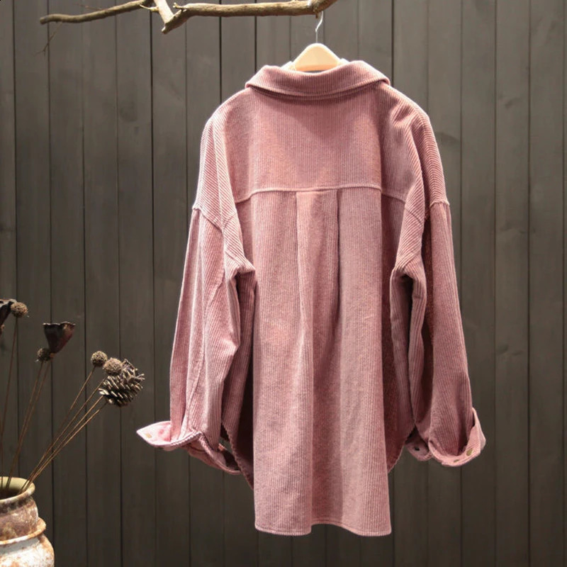 Fashion Retro Art Coral Shirt and Womens Irregular Long Sleeve Pocket Korean Loose Summer Coat Full Match 250319