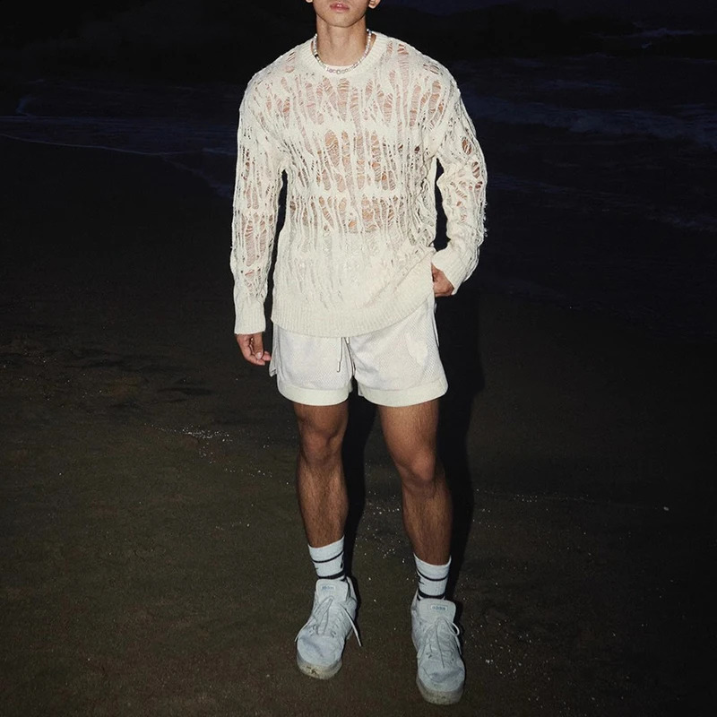 Sexy Hollow Mesh Knitted Tshirt for Men See Through Ripped Crew Neck Pullover Tops 2025 Spring Fashion 250319