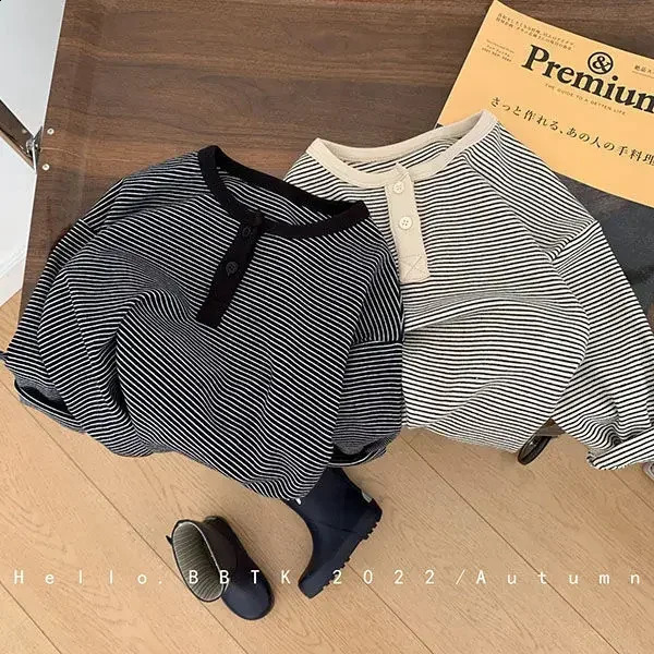 Childrens Spring Autumn Long-sleeved T-shirt Boys Girls Korean Striped T Childrens Cotton Bottoming Shirt Baby Simple Top 250319