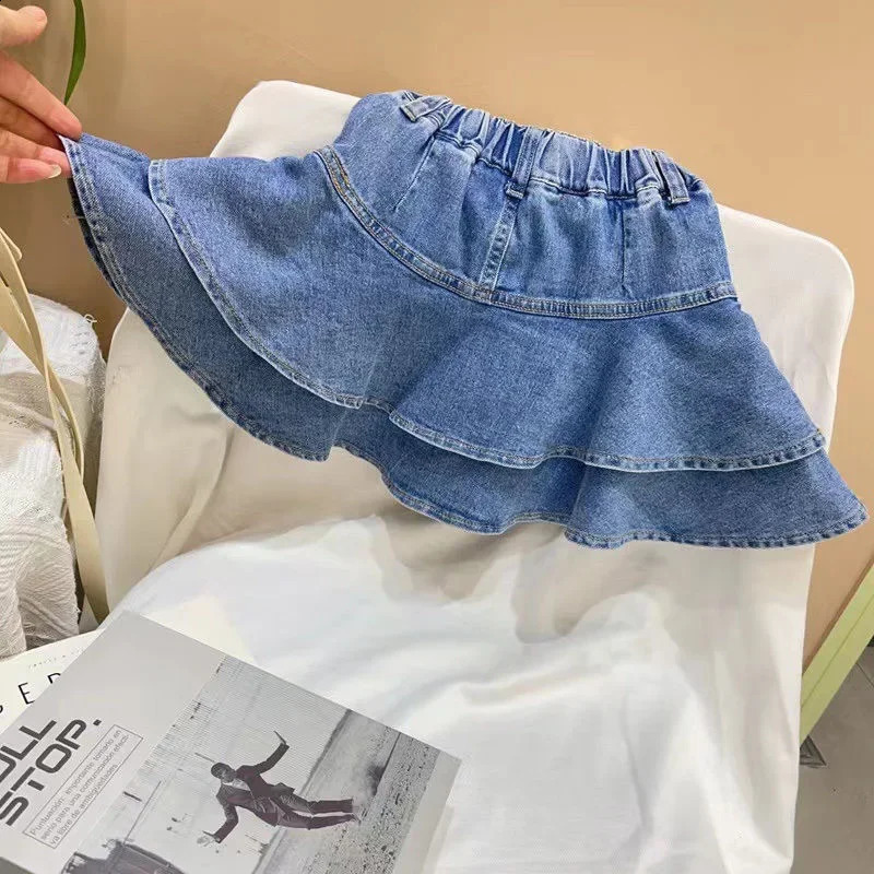 Little Girl Denim Skirt Mini Flared Pleated Toddler Denim Short Skirt Lined with Shorts 250319