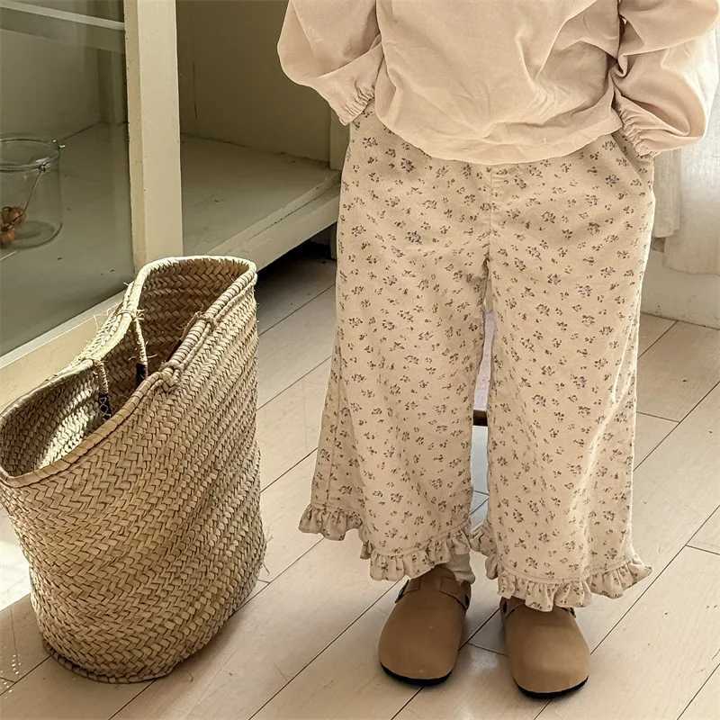 young deer 2025 New Spring Baby Girls Wide Leg Pants Floral Printed Korean Style Corduroy Ruffles Toddlers Kids Casual TrousersT250318