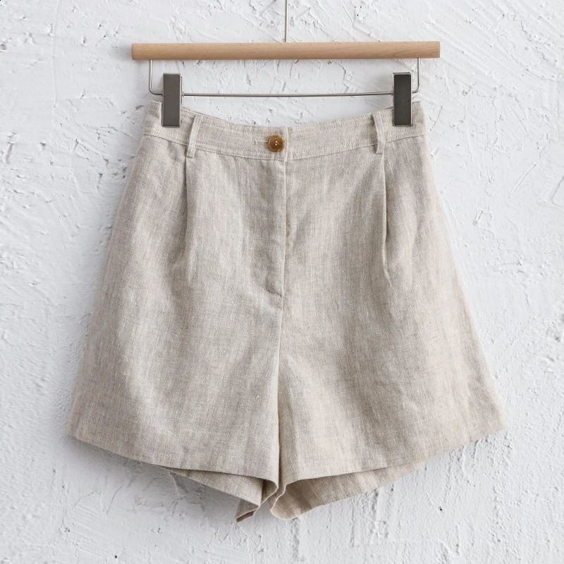 Summer 100% Linen WomenS Shorts Casual High Waist Wide Leg Button Up Elegant Ol Short Pants Femme 250318