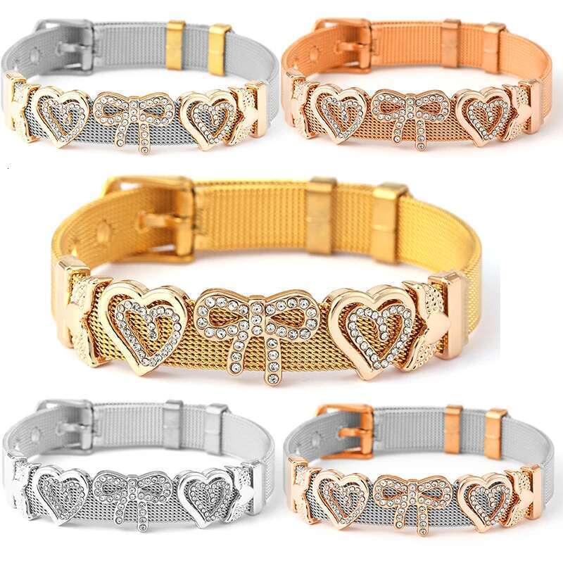 10mm Crystal Bowknot Heart Beads Charm Bracelets DIY Stainless Steel Mesh Keeper Bracelets Pulseras Mujer For Women Men Jewelry