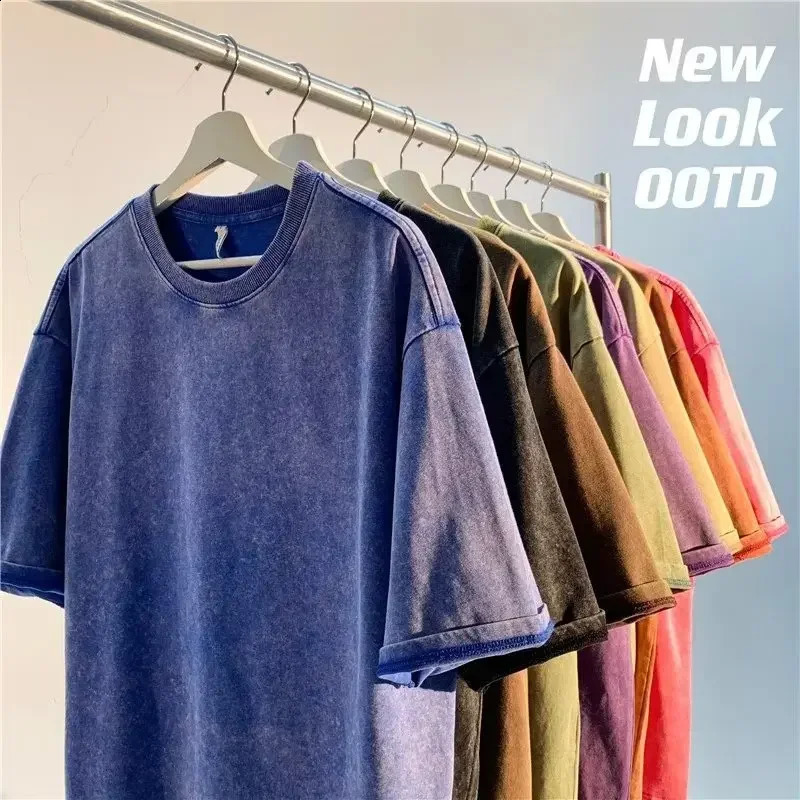 American style retro heavyweight solid color short sleeved Tshirt mens summer street trend washed out oversized clothes 250319