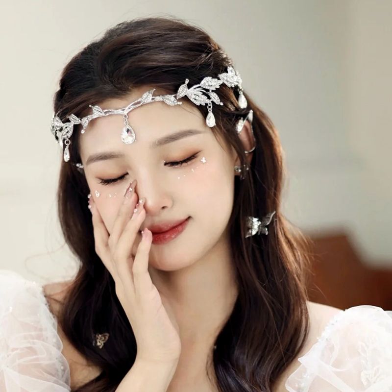 Boho Chic Alloy Leaf Headpiece with Dangling Crystals for Ladies Elegant Elven Accessory