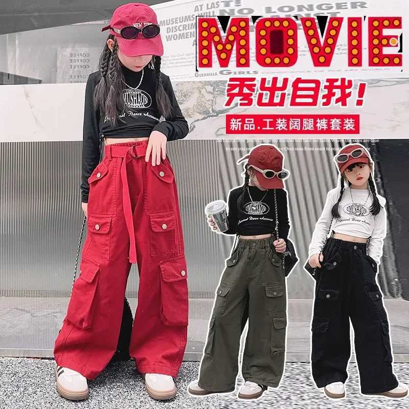 Teen Girls Cargo Pants Loose Casual Fashion Children Trousers Pockets Design Trendy Cool Streetwear Kids Pants 6 8 10 12 14 YearT250318
