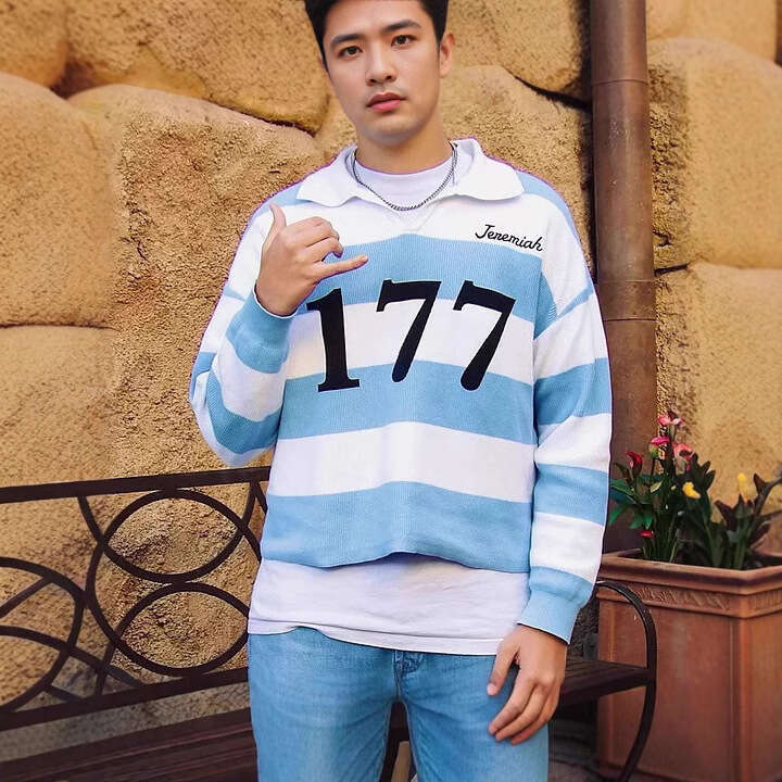 New fashion trend printed high hip-hop street blue pattern men's and women's pullover top