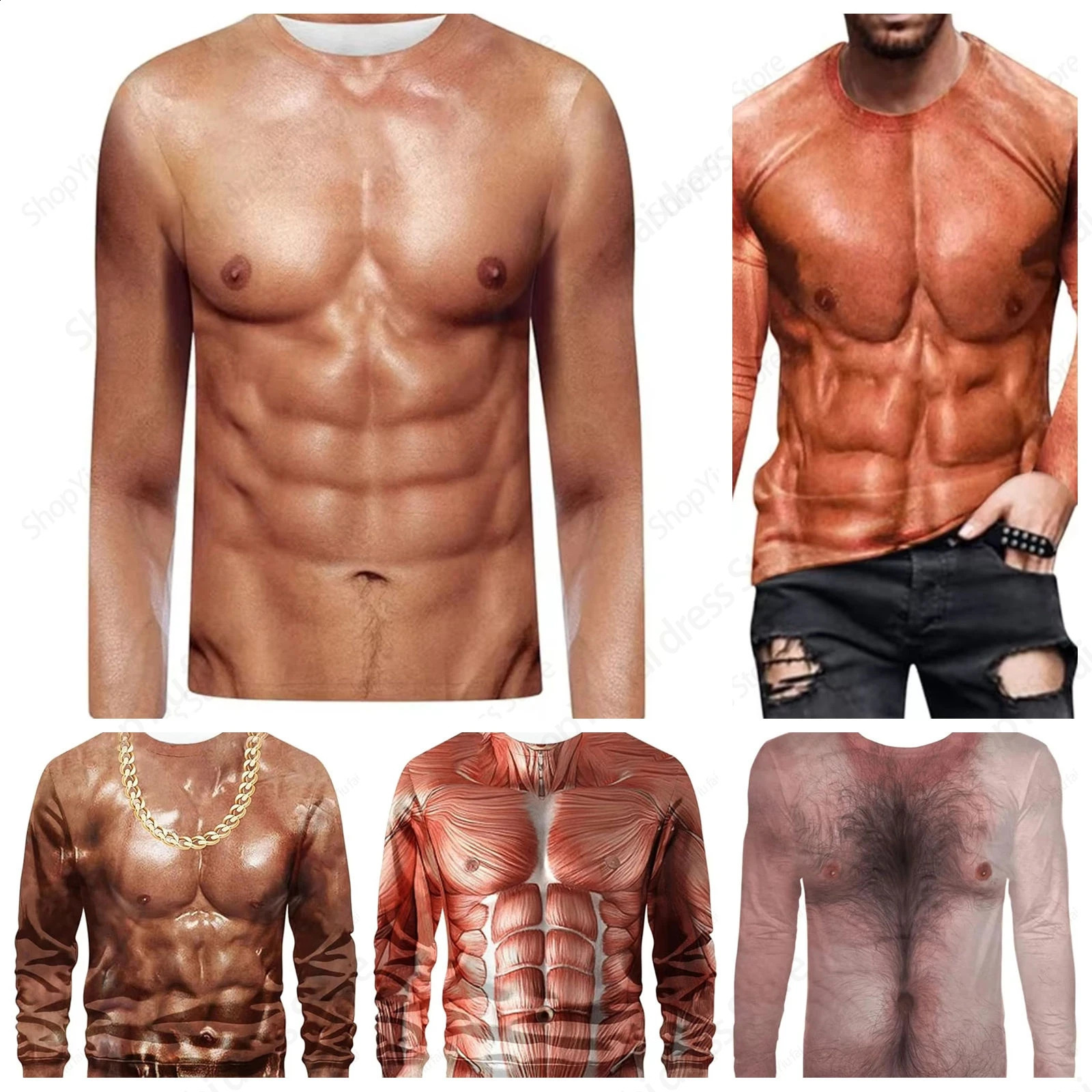 Crewneck long sleeved Tshirt 3D fun muscle body print ultrathin mens top ugly chest hair 250319