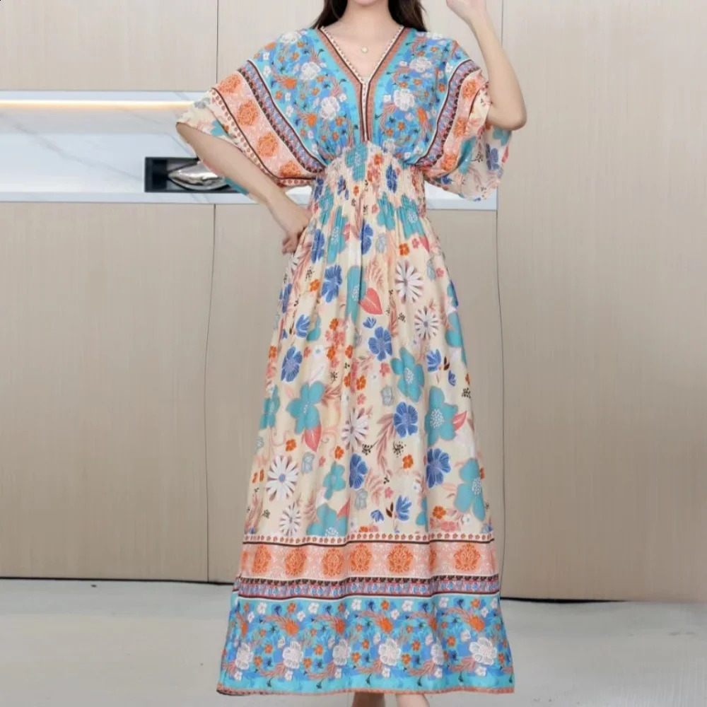 Womens Vneck Short sleeved Dress Elegant Sweet Printed Casual Retro Bohemian Elastic Waist ALine 250319