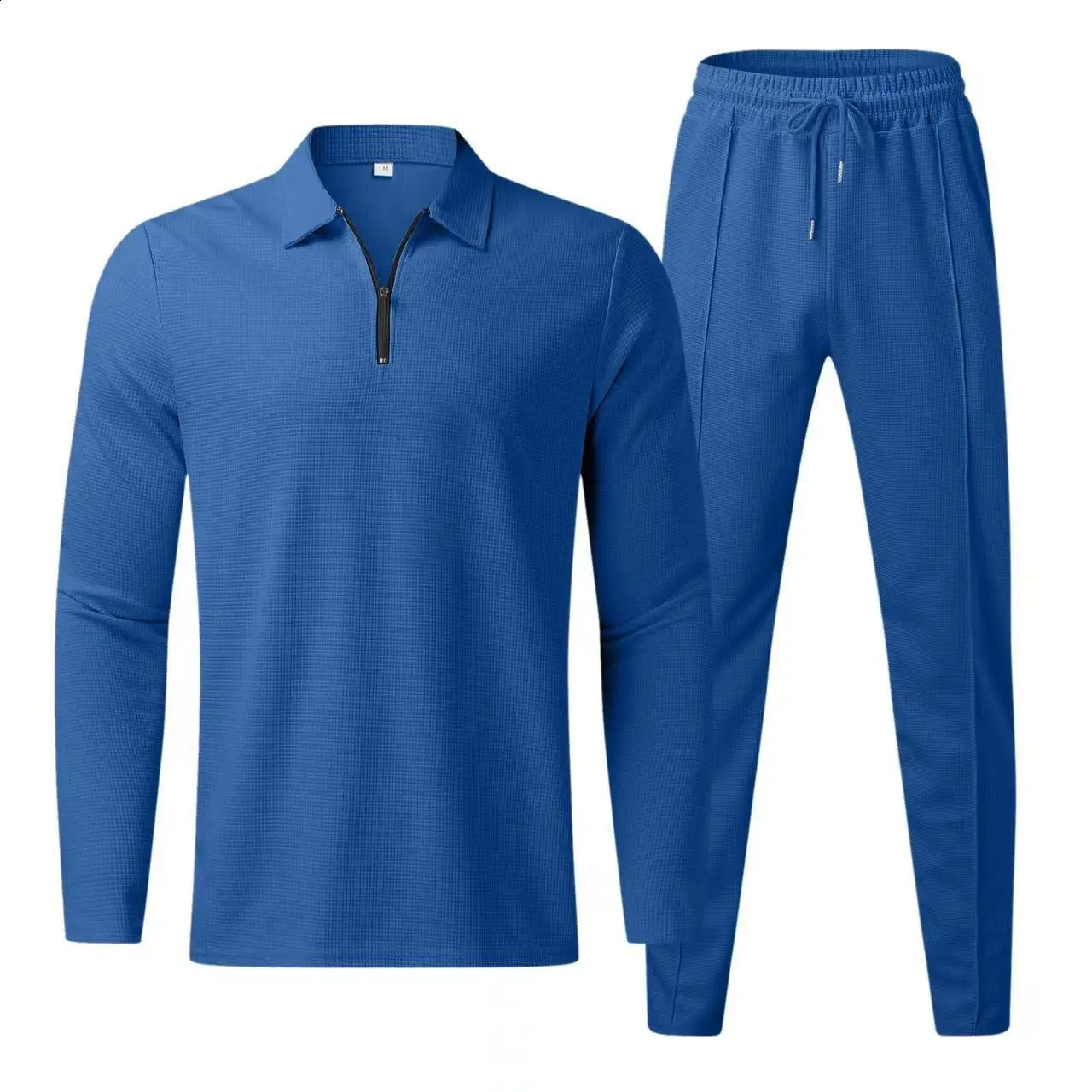 SpringAutumn Mens Waffle Solid Color Zipper Top Casual Handsome Sports Long Sleeve Pants Two Piece Fashion Set 250319