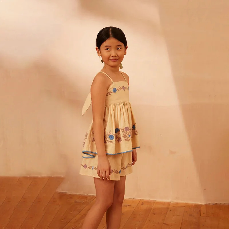 Girls Short-sleeved Top 2025 Summer Fashion Printing Embroidery Girls Short-sleeved Suit Cotton Comfortable Wide Leg Pants 250319