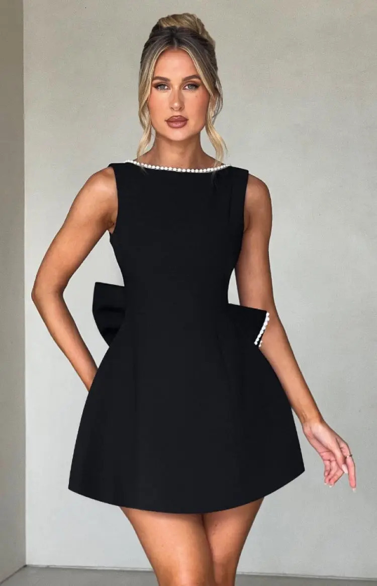 Elegant pearl bow backless short skirt womens sleeveless party cute mini dress black and white pink chic birthday night Y2K style 250314