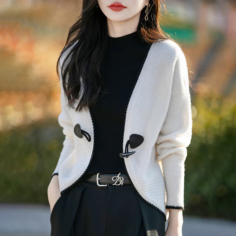 spring long sleeved knitted cardigan womens V-neck 100% wool sweater trendy fashion short cut hollow summer jacket sweater 250318