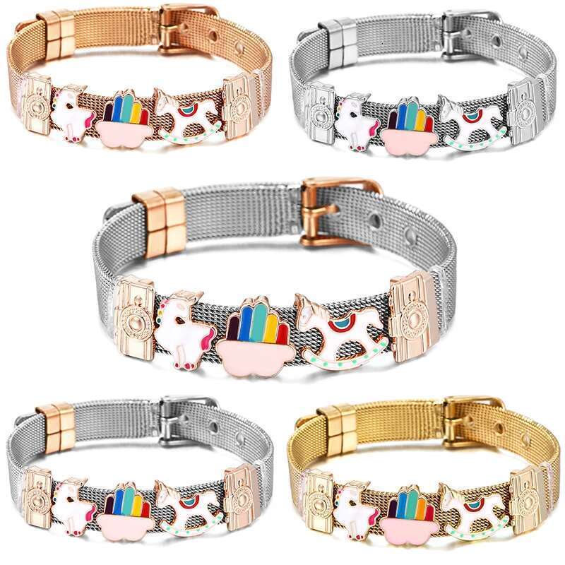 10mm Unicorn Rainbow Beads Charm Bracelets DIY Stainless Steel Mesh Belt Bracelet Pulseras Mujer For Women Men Jewelry Gift