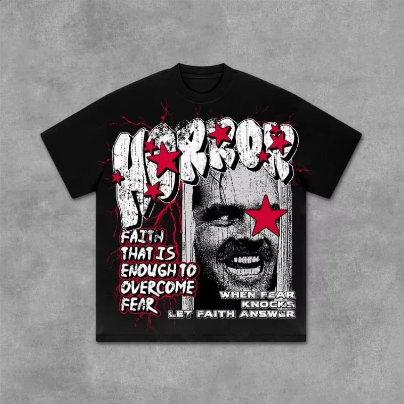 Shining Faith Over Fear Graphics Print Cotton TShirt Men Y2K Summer Short Sleeves Vintage Oversize Tshirt Streetwear Women Tops 250318