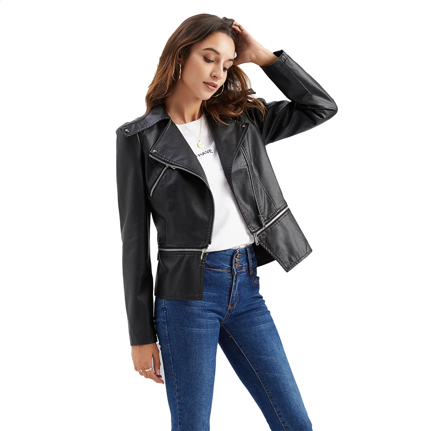 2025 SpringSummer Womens Leather Jacket Detachable Bottom Collar Zipper Casual Coat Motorcycle Windproof 250319