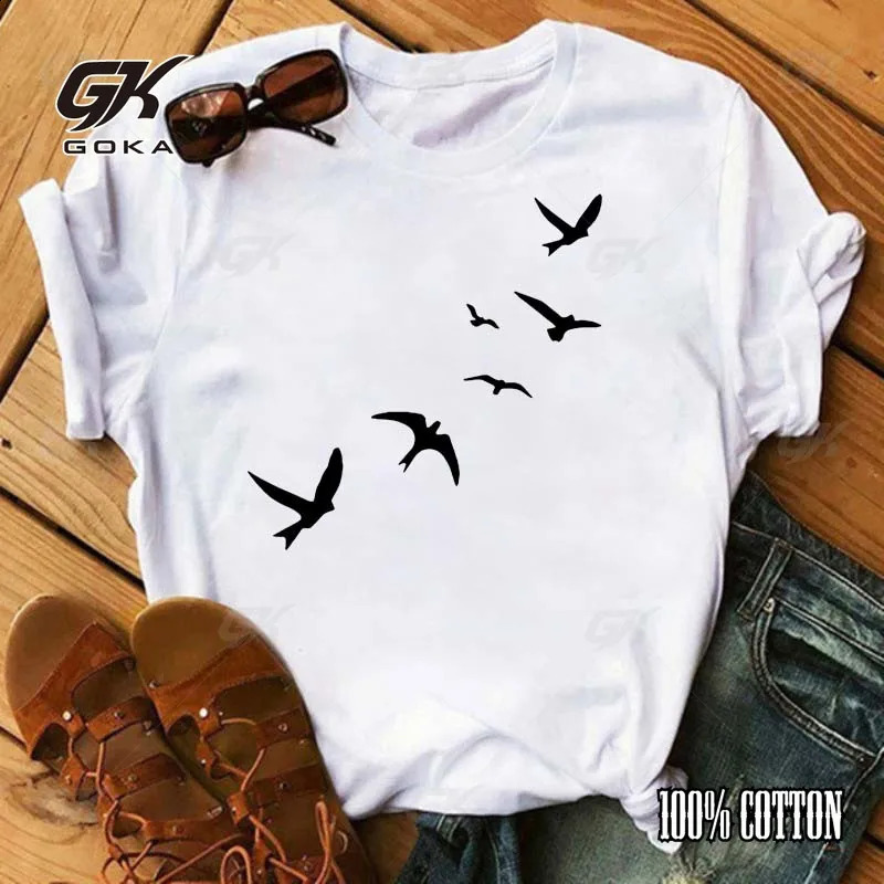 Fashion Birds Print Women Cotton T Shirt Loose Short Sleeve O Neck Hip Hop Ladies Tees Vintage Top Clothes Unisex Shirts 250311