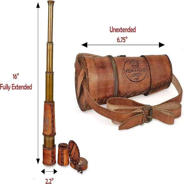 Antique Spyglass Decor Handheld Brass Monocular Telescope Wooden Stand RJ HANDICRAFT STORE's Pirate Style with Leather Case
