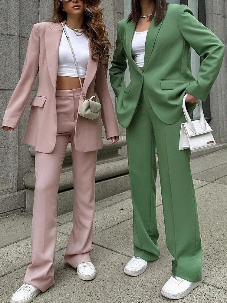 Fashion Office Lady Solid Women Suits Two Piece Elegant Lapel Long Sleeves Outfits Casual Daily Pants Sets BlazerPants 250311