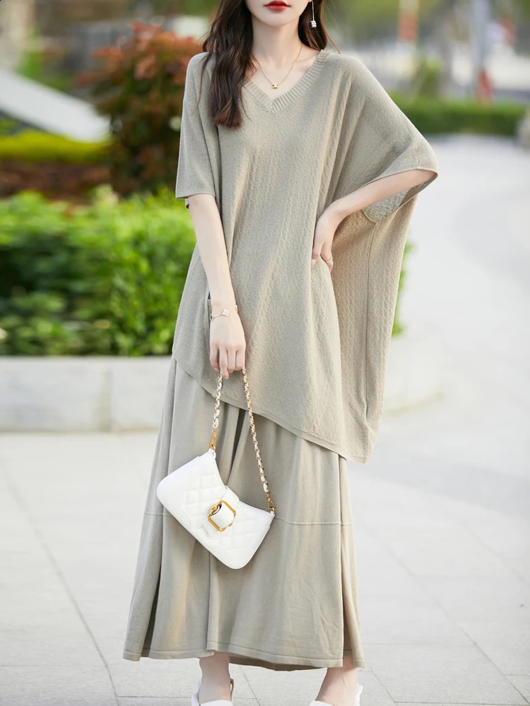 CAIXINGLE Summer Womens Short Sleeve Skirt Suit Fashionable Elegant Wool Skirt Irregular Trendy T-shirt 250318