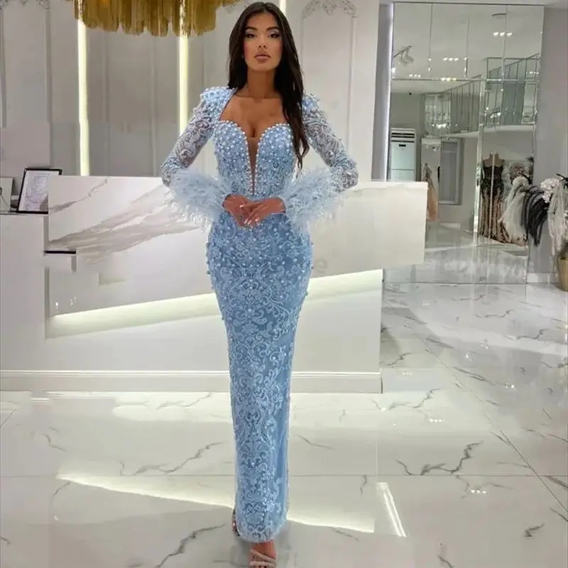 Vintage Evening Dresses For Women Sweetheart Neck Long Sleeves Gown Feather Beaded Sweep Train Party Customized Dress