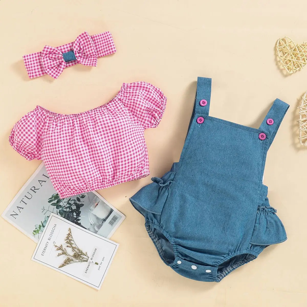 Summer Baby Girl Plaid ShortSleeved Top Denim Triangle Bag Bodysuits Headscarf Romper Clothes ThreePiece Sets 250319