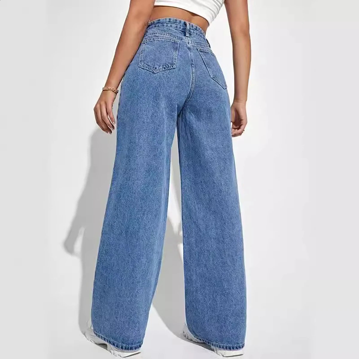 Womens Deep Blue Wide Leg Straight Jeans Weight Loss Full Match 250317
