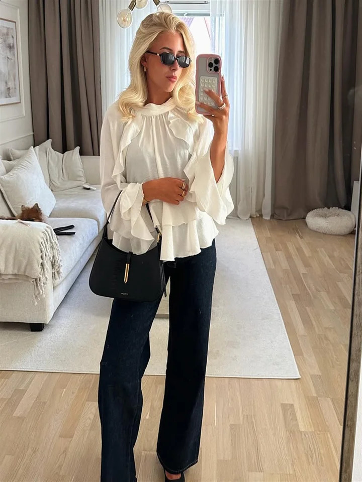 Casual Cascaded Ruffle Puff Sleeve Womens Loose Oneck White Top 2025 Spring Fashion Elegant Shirt 250319